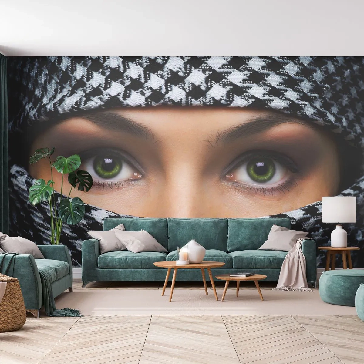 Fotobehang Premium Sand - Portret van een gesluierde schoonheid met groene ogen - Vrouw, Ogen, Cultuur - 100x70 cm