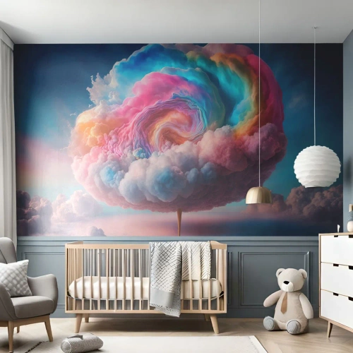Fotobehang Premium Sand - De droom van een pretpark - Pastel, Wolken, Suikerachtig - 300x210 cm