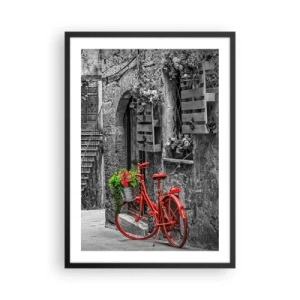 Poster in een zwarte lijst - Een rode fiets met bloemen in een smalle straat - 50x70cm - Toscaanse steeg - Moderne wanddecoratie voor woonkamer en slaapkamer ARTTOR