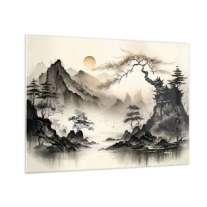 Schilderen op glas - Oosters berglandschap met een pagode en bomen - 70x50cm - De unieke charme van het Oosten - Moderne wanddecoratie voor woonkamer en slaapkamer ARTTOR