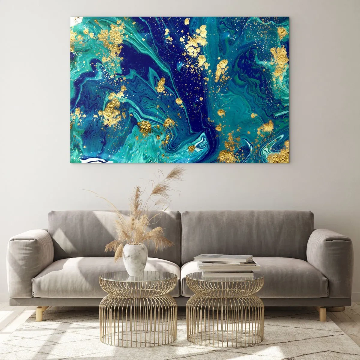 Schilderen op glas - Een abstract patroon in tinten turquoise en marineblauw met gouden accenten - 70x50cm - De bloemblaadjes van de zon - Moderne wanddecoratie voor woonkamer en slaapkamer ARTTOR