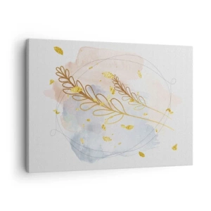 Schilderen op canvas - Een delicaat gouden bladmotief op een pastelkleurige achtergrond met aquareldetails. - 70x50cm - Gouden explosie - Moderne wanddecoratie voor woonkamer en slaapkamer ARTTOR