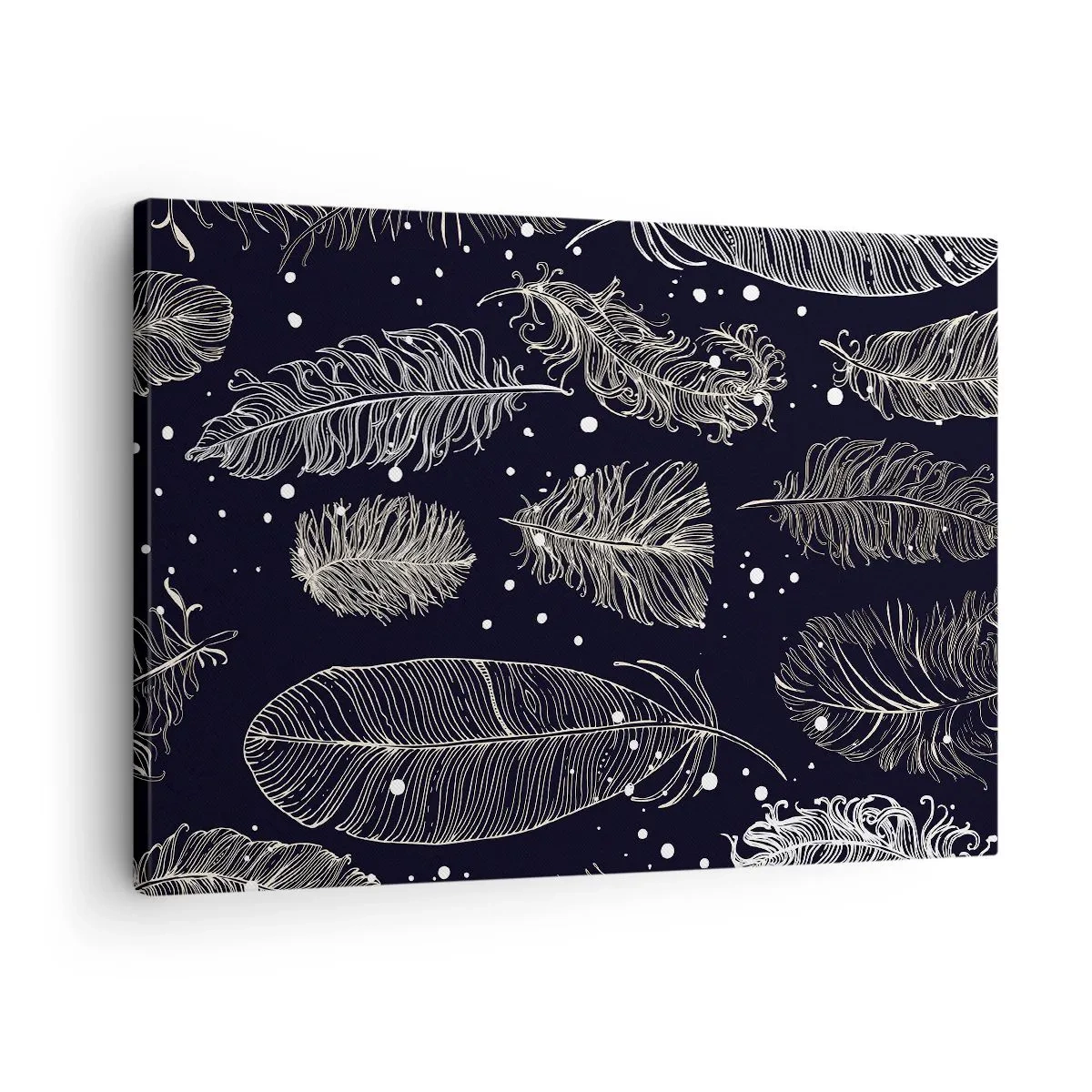 Schilderen op canvas - Fijne witte veren op een marineblauwe achtergrond - 70x50cm - Gevederde kant - Moderne wanddecoratie voor woonkamer en slaapkamer ARTTOR