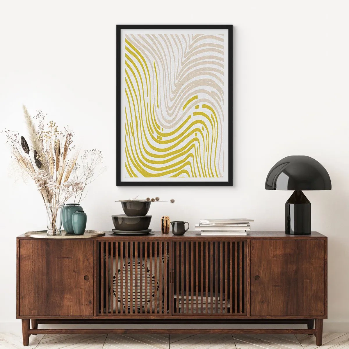 Poster in een zwarte lijst - Een abstracte compositie van golvende lijnen in tinten beige en geel. - 50x70cm - Een compositie met een zachte buiging - Moderne wanddecoratie voor woonkamer en slaapkamer ARTTOR