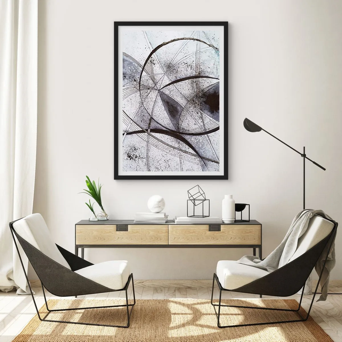 Poster in een zwarte lijst - Abstracte compositie van geometrische lijnen en cirkels - 50x70cm - Futuristische fantasie - Moderne wanddecoratie voor woonkamer en slaapkamer ARTTOR