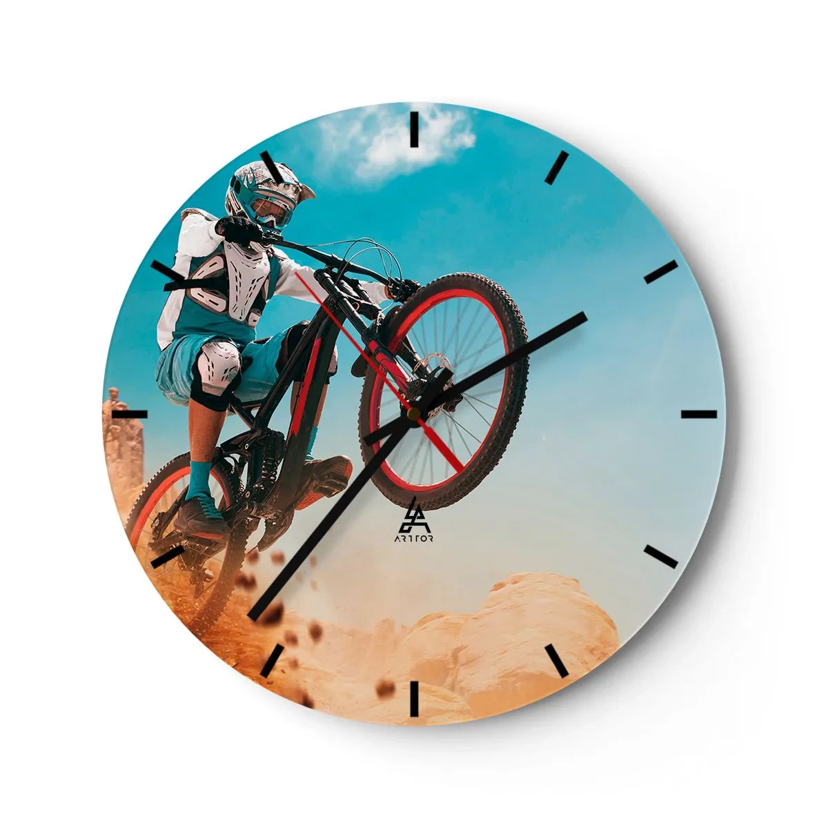 Wandklok - Klok - Een mountainbiker maakt een sprong - 30x30cm - Fiets waanzin demon - Moderne wanddecoratie voor woonkamer, keuken en slaapkamer ARTTOR