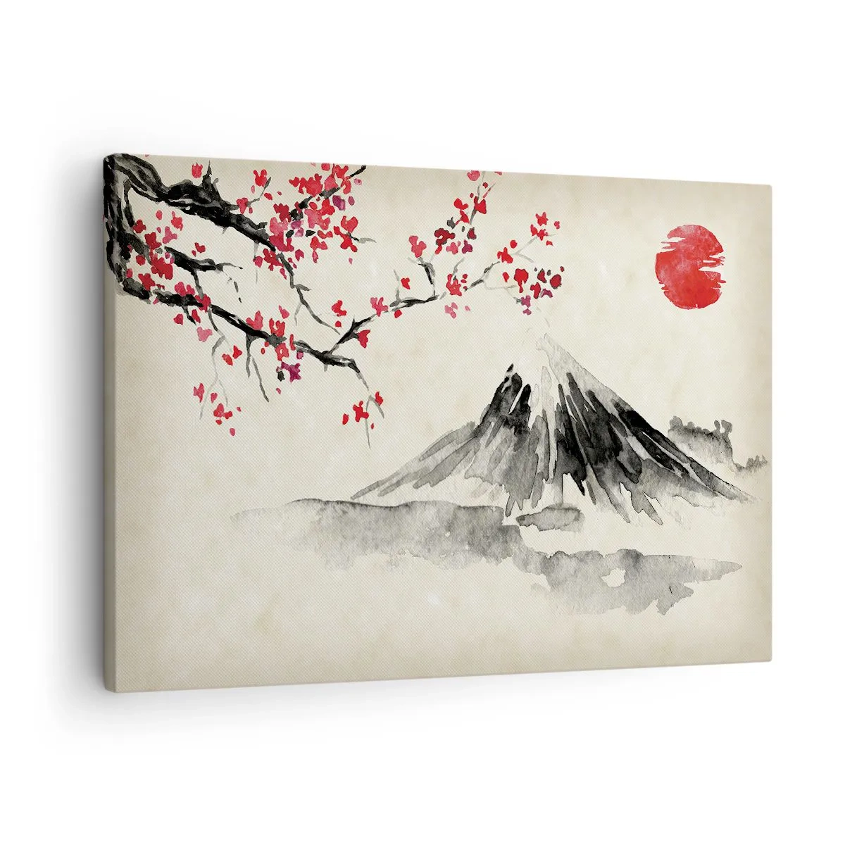 Schilderen op canvas - Een schilderachtig landschap met een berg, kersenbloesems en zonneschijn - 70x50cm - Houd van Japan - Moderne wanddecoratie voor woonkamer en slaapkamer ARTTOR