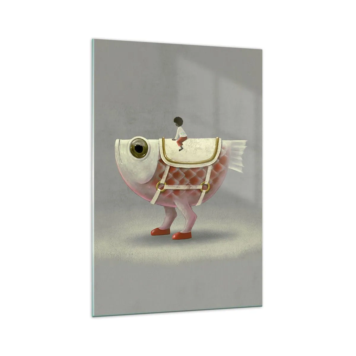 Schilderen op glas - Ruiter op een surrealistische vis - 70x100 cm