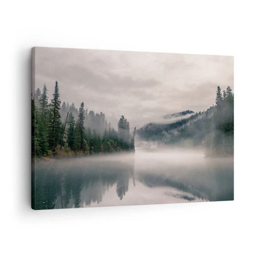 Schilderen op canvas - Een mistig bos weerspiegeld in een kalm meer - 70x50cm - In reflectie, in de mist - Moderne wanddecoratie voor woonkamer en slaapkamer ARTTOR