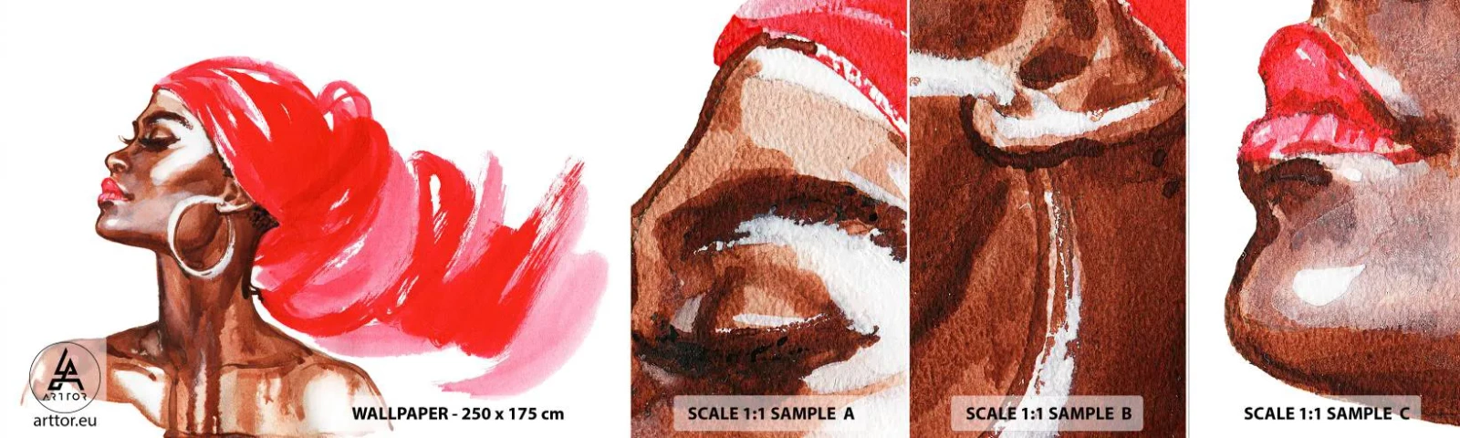 Fotobehang Staaltje Standard Eco - Er is een wind die de neusgaten van een man opent - Portret van een vrouw, Het gezicht van de vrouw, Abstractie - 100x30 cm