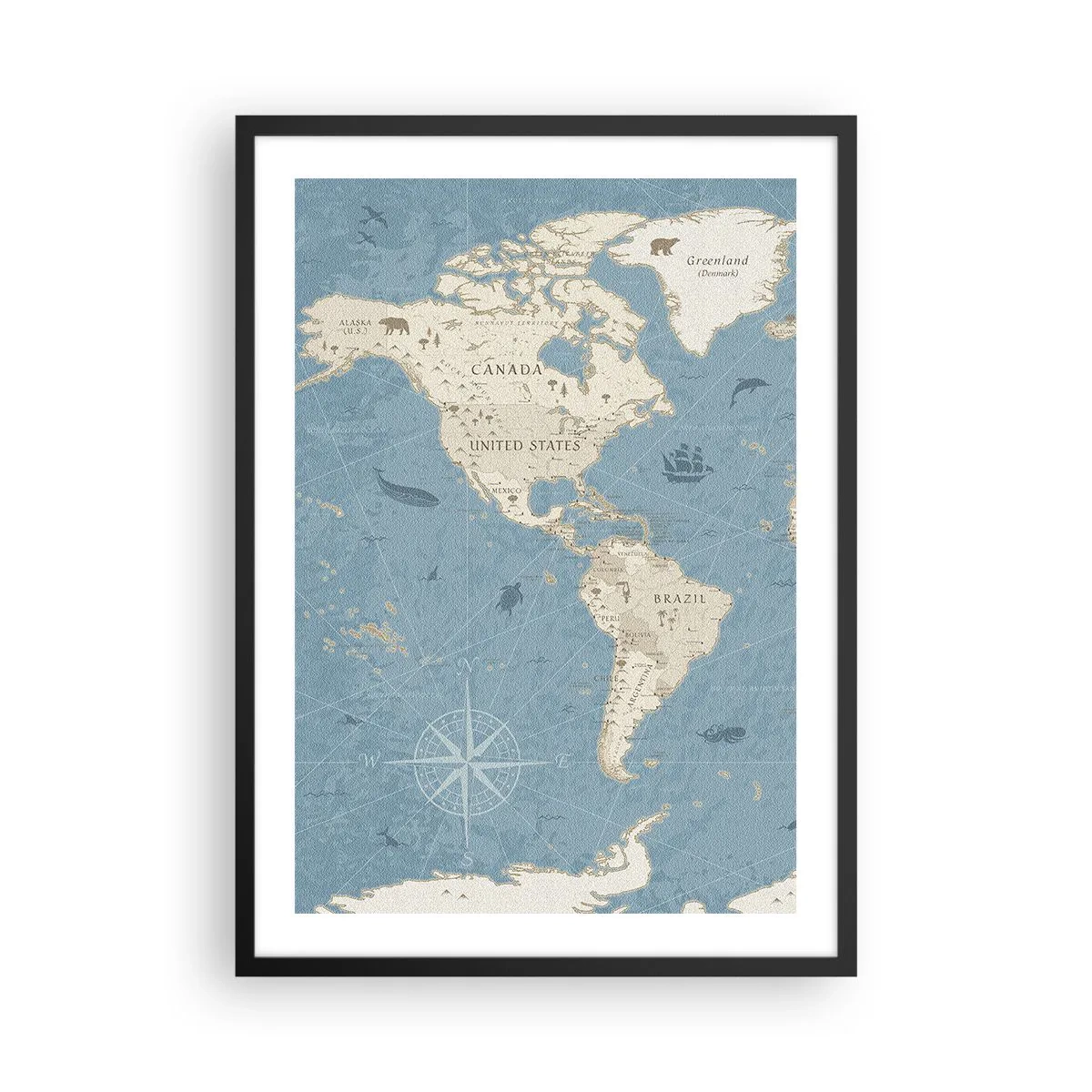 Poster in een zwarte lijst - Gestileerde kaart van Noord- en Zuid-Amerika - 50x70cm - De wereld binnen handbereik - Moderne wanddecoratie voor woonkamer en slaapkamer ARTTOR
