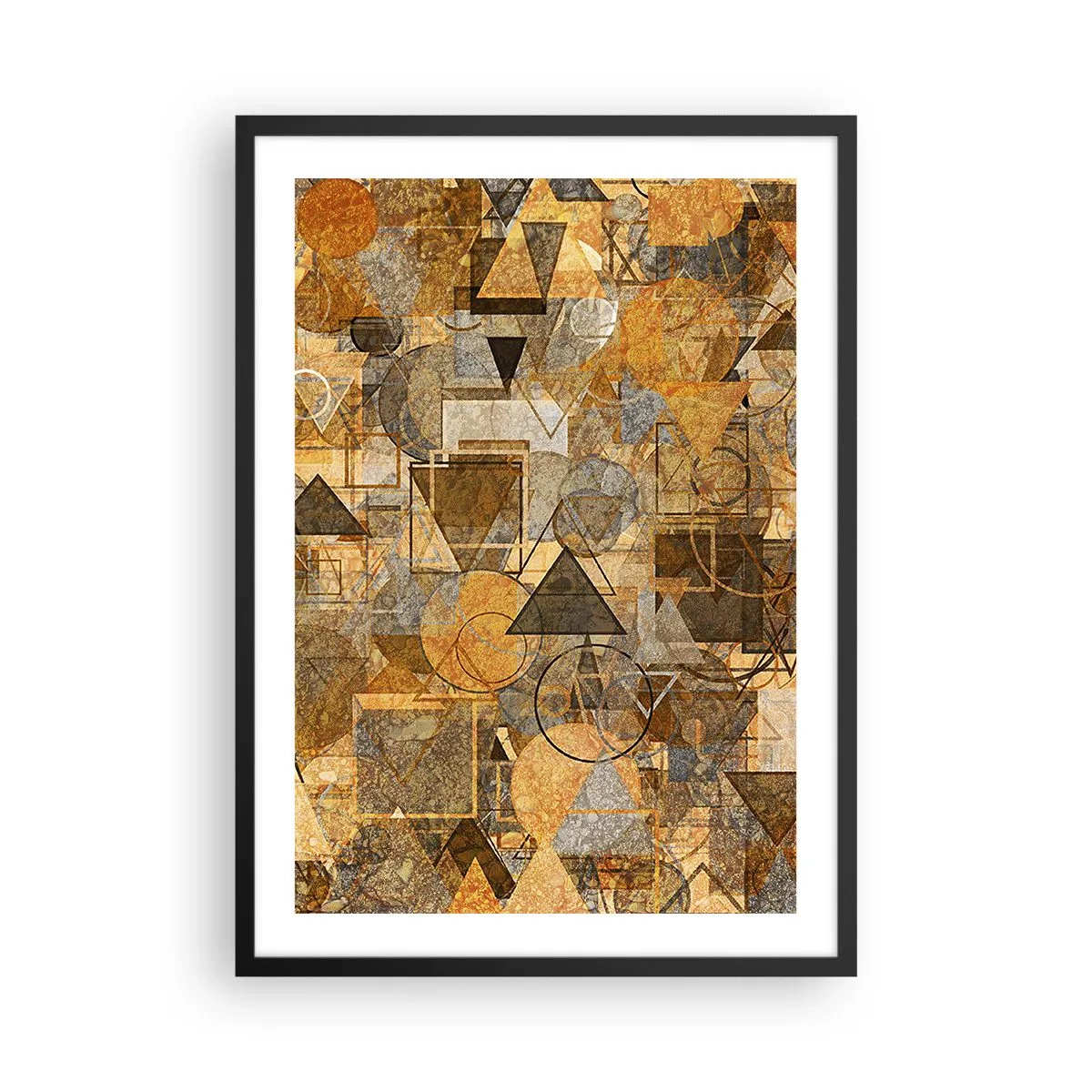Poster in een zwarte lijst - Gouden abstracte geometrische compositie - 50x70cm - De wereld in vorm - Moderne wanddecoratie voor woonkamer en slaapkamer ARTTOR
