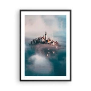 Poster in een zwarte lijst - Een kerk op een eiland omgeven door mist en water - 50x70cm - droom eiland - Moderne wanddecoratie voor woonkamer en slaapkamer ARTTOR