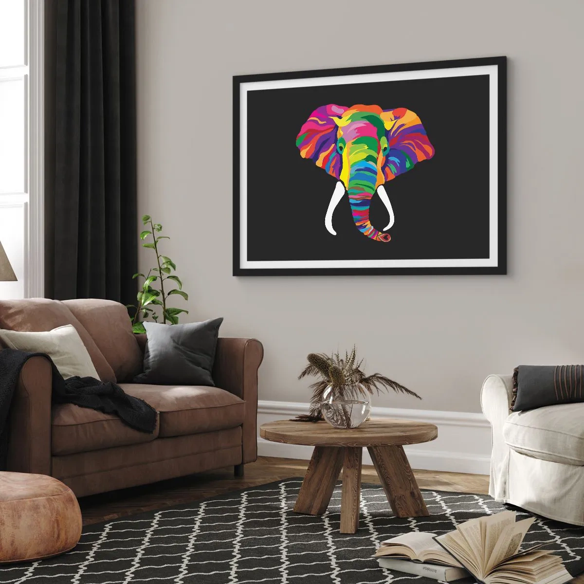 Poster in een zwarte lijst - De olifant die ervan hield om in de regenboog te baden - 50x40 cm