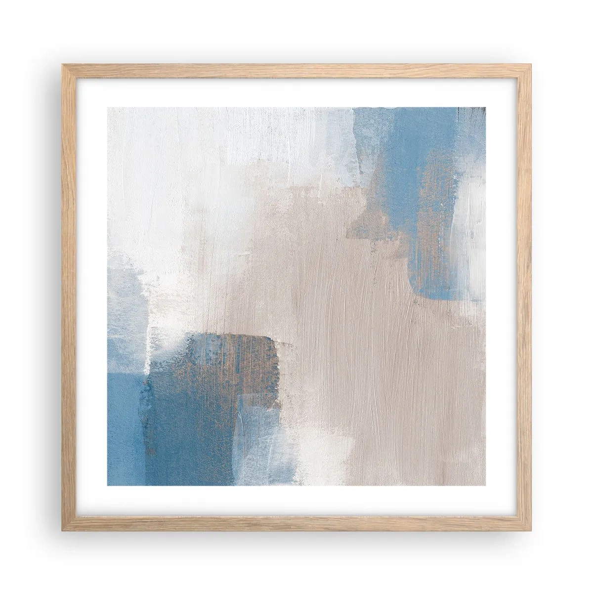 Een poster in een licht eiken lijst - Roze abstractie achter een blauw gordijn - 50x50 cm