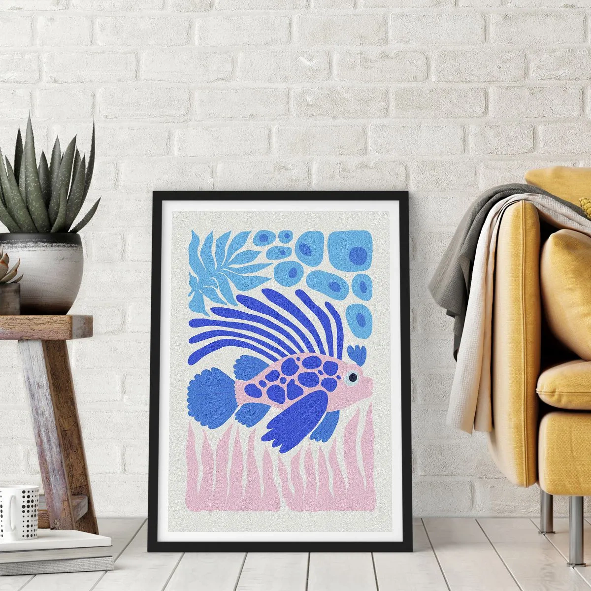Poster in een zwarte lijst - Gestileerde exotische vissen in een onderwateromgeving - 50x70cm - In je element - Moderne wanddecoratie voor woonkamer en slaapkamer ARTTOR