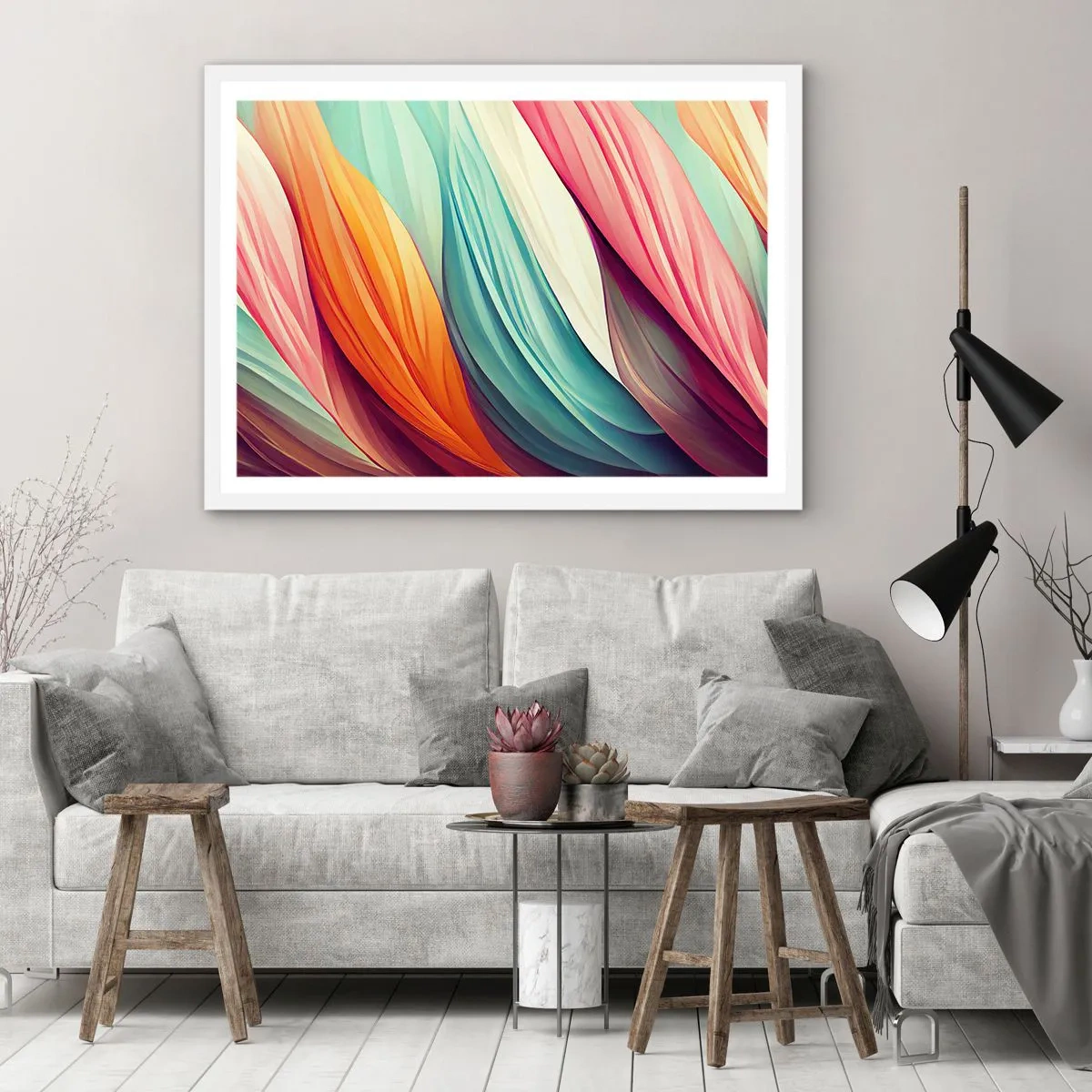 Poster in een witte lijst - Regenboog geweven - 100x70 cm