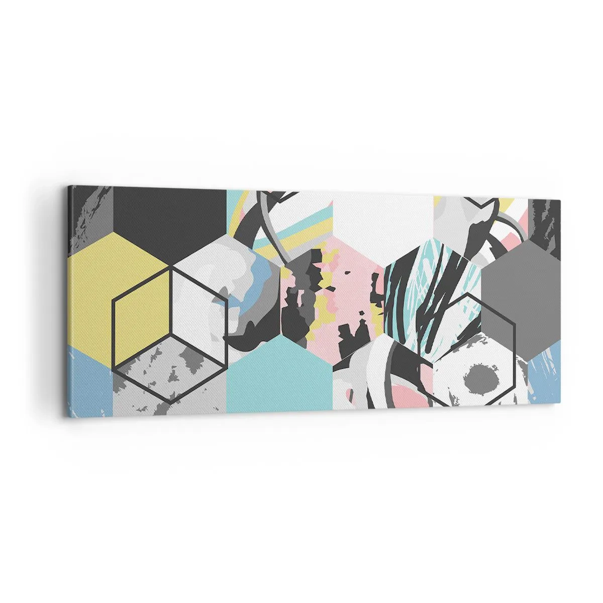 Schilderen op canvas - Zeshoeken en kubussen in zes kleuren - 100x40 cm