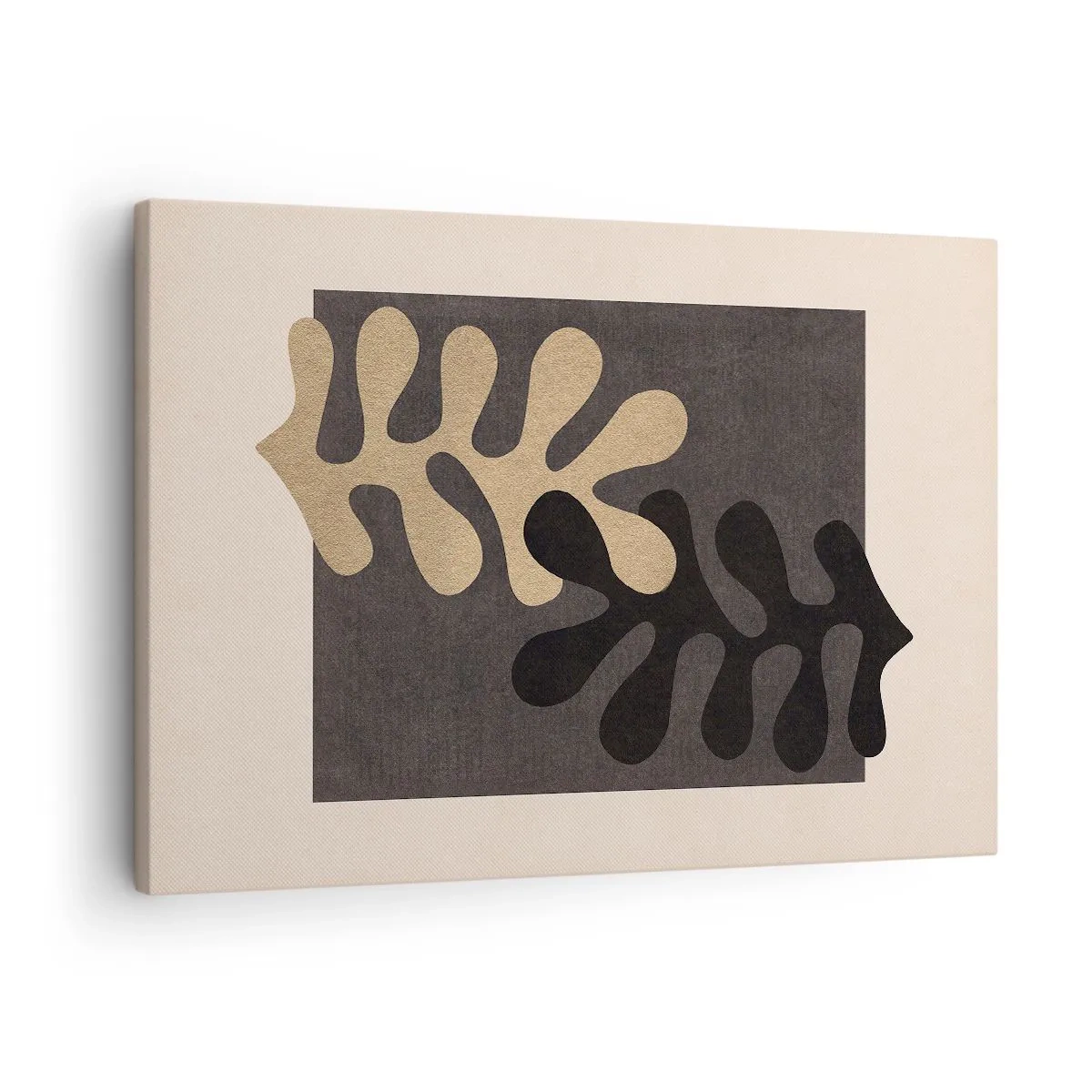 Schilderen op canvas - Abstracte bladeren in zwart en beige op een rechthoekige achtergrond - 70x50cm - Afwezigheid en complement - Moderne wanddecoratie voor woonkamer en slaapkamer ARTTOR