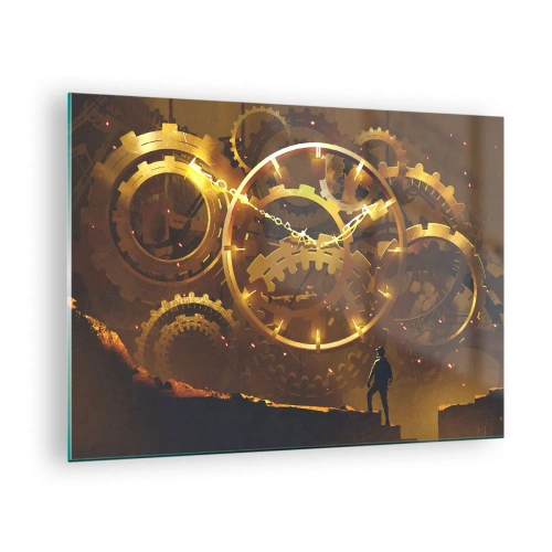 Schilderen op glas - Gouden steampunk-tandwielen met achtergrondverlichting tegen een menselijk silhouet - 70x50cm - Aan de bron van de tijd - Moderne wanddecoratie voor woonkamer en slaapkamer ARTTOR