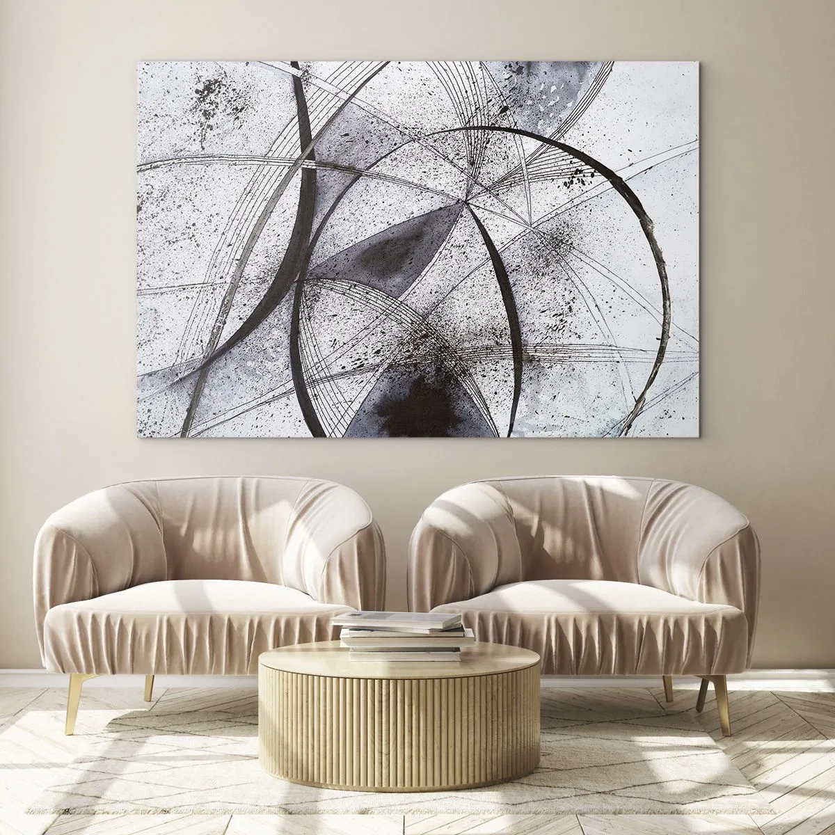 Schilderen op glas - Een zwart-witcompositie van kruisende lijnen en geometrische bogen. - 70x50cm - Futuristische fantasie - Moderne wanddecoratie voor woonkamer en slaapkamer ARTTOR