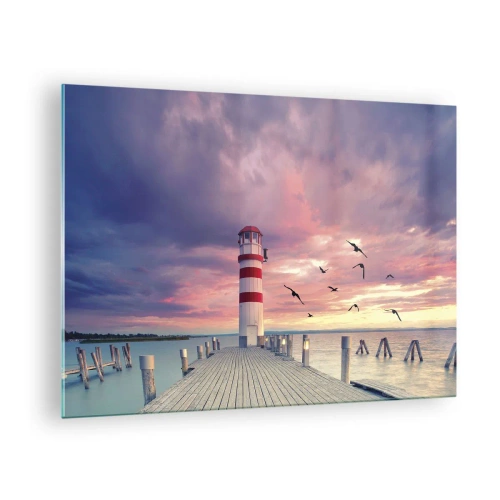 Schilderen op glas - Vuurtoren op de pier bij zonsondergang met vliegende vogels - 70x50cm - Het is tijd naar de haven te gaan - Moderne wanddecoratie voor woonkamer en slaapkamer ARTTOR