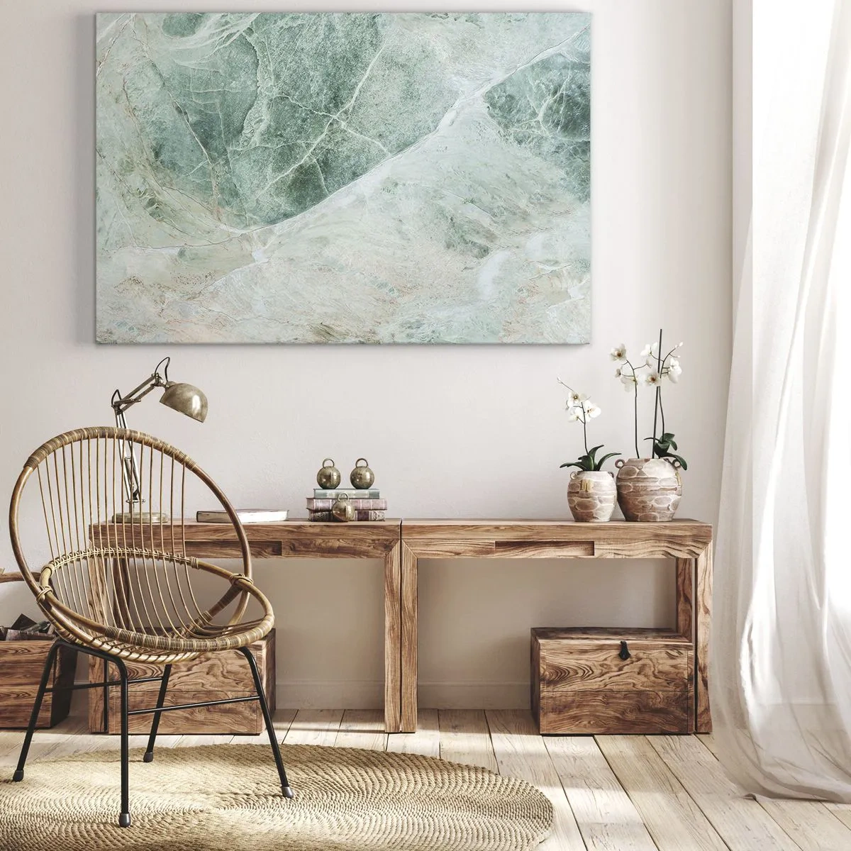 Schilderen op canvas - Groen marmer met fijne witte aderen - 70x50cm - De nobele kou van steen - Moderne wanddecoratie voor woonkamer en slaapkamer ARTTOR