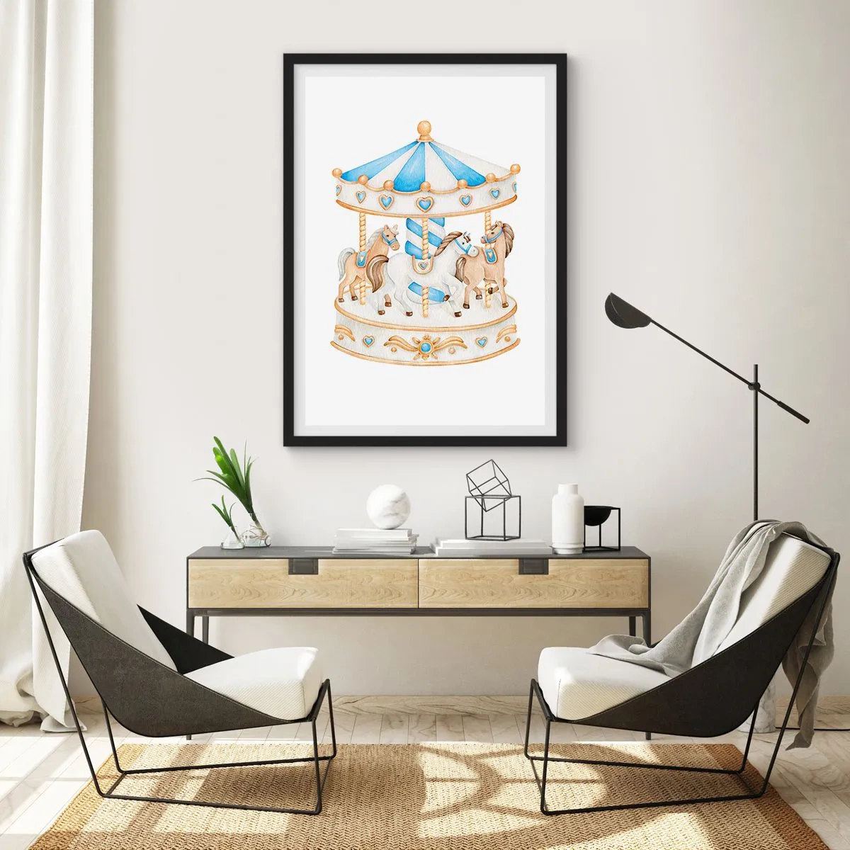 Poster in een zwarte lijst - Aquarelcarrousel in pasteltinten blauw en goud - 50x70cm - Zoete jeugd - Moderne wanddecoratie voor woonkamer en slaapkamer ARTTOR