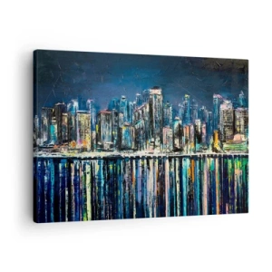 Schilderen op canvas - Panorama van de nachtelijke stad weerspiegeld in het water - 70x50cm - Cascade van lichten - Moderne wanddecoratie voor woonkamer en slaapkamer ARTTOR