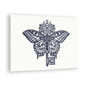 Schilderen op glas - Illustratie van een vlinder met een sleutel in het midden - 70x50cm - Alle geheimen van het hart - Moderne wanddecoratie voor woonkamer en slaapkamer ARTTOR