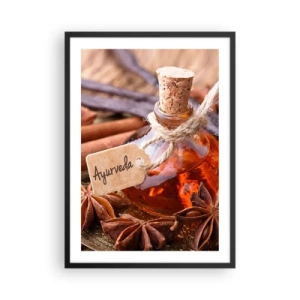 Poster in een zwarte lijst - Een flesje Ayurvedische olie en kruiden - 50x70cm - Naar de eenheid van lichaam en geest - Moderne wanddecoratie voor woonkamer en slaapkamer ARTTOR