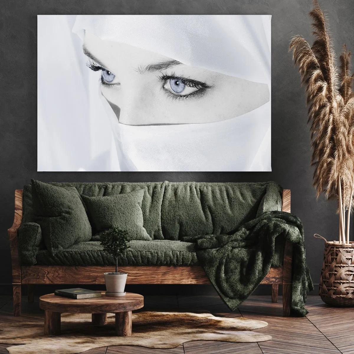 Schilderen op canvas - Portret van een vrouw met blauwe ogen verborgen achter een witte sluier - 70x50cm - Van duizend en één nacht - Moderne wanddecoratie voor woonkamer en slaapkamer ARTTOR