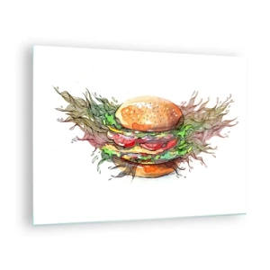 Schilderen op glas - Artistieke tekening van een hamburger met aquareldetails - 70x50cm - Hete verleiding - Moderne wanddecoratie voor woonkamer en slaapkamer ARTTOR