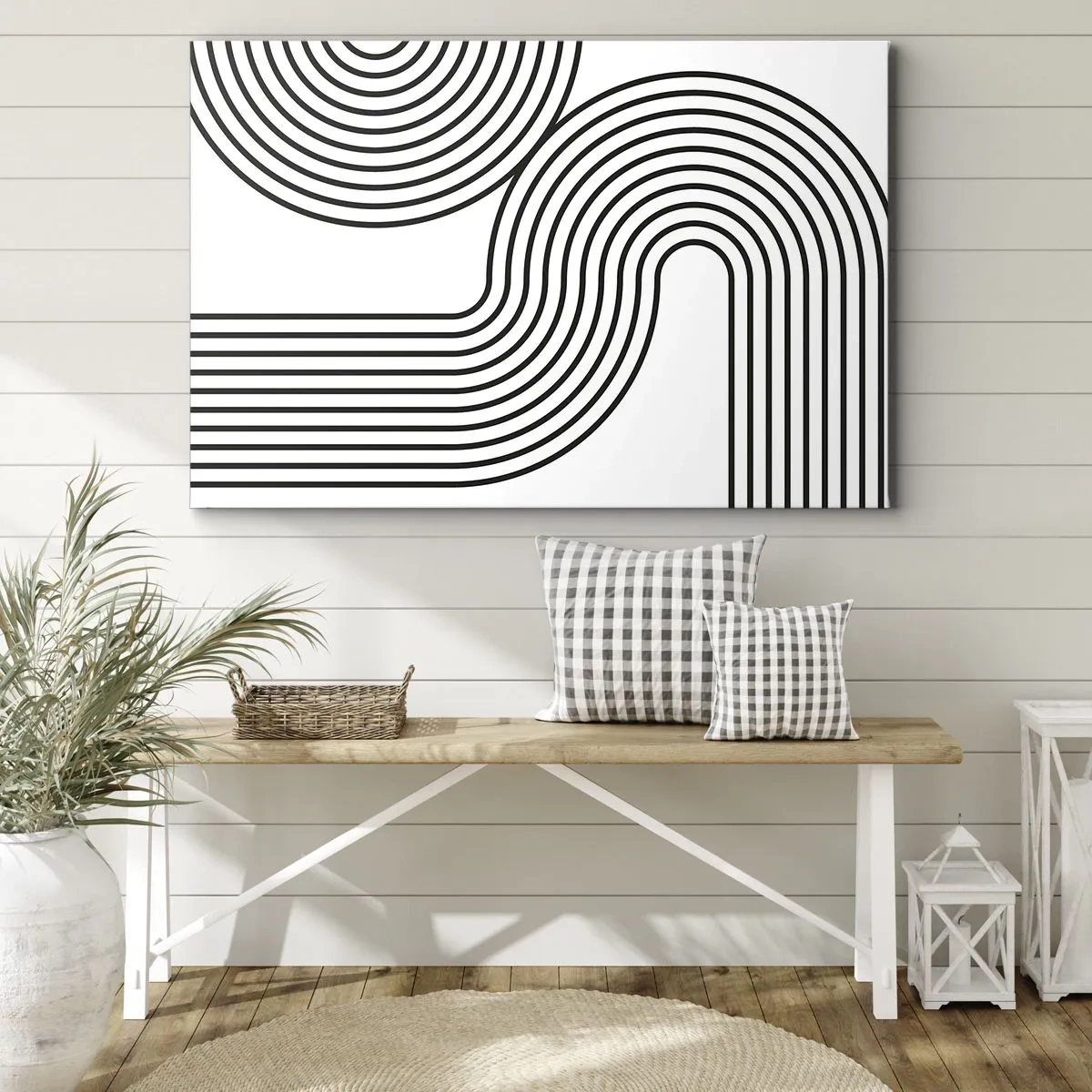 Schilderen op canvas - Een abstract schilderij met zwarte lijnen die geometrische patronen vormen op een witte achtergrond. - 70x50cm - In de bocht - Moderne wanddecoratie voor woonkamer en slaapkamer ARTTOR