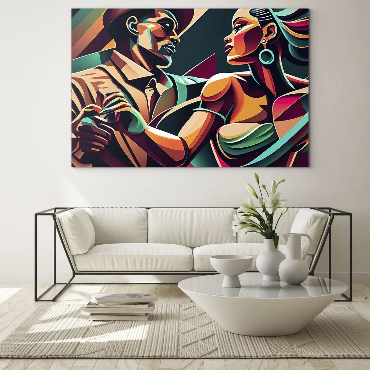 Schilderen op glas - Een kleurrijk danspaar in art-decostijl met dynamische expressie. - 70x50cm - In het ritme van het hart - Moderne wanddecoratie voor woonkamer en slaapkamer ARTTOR