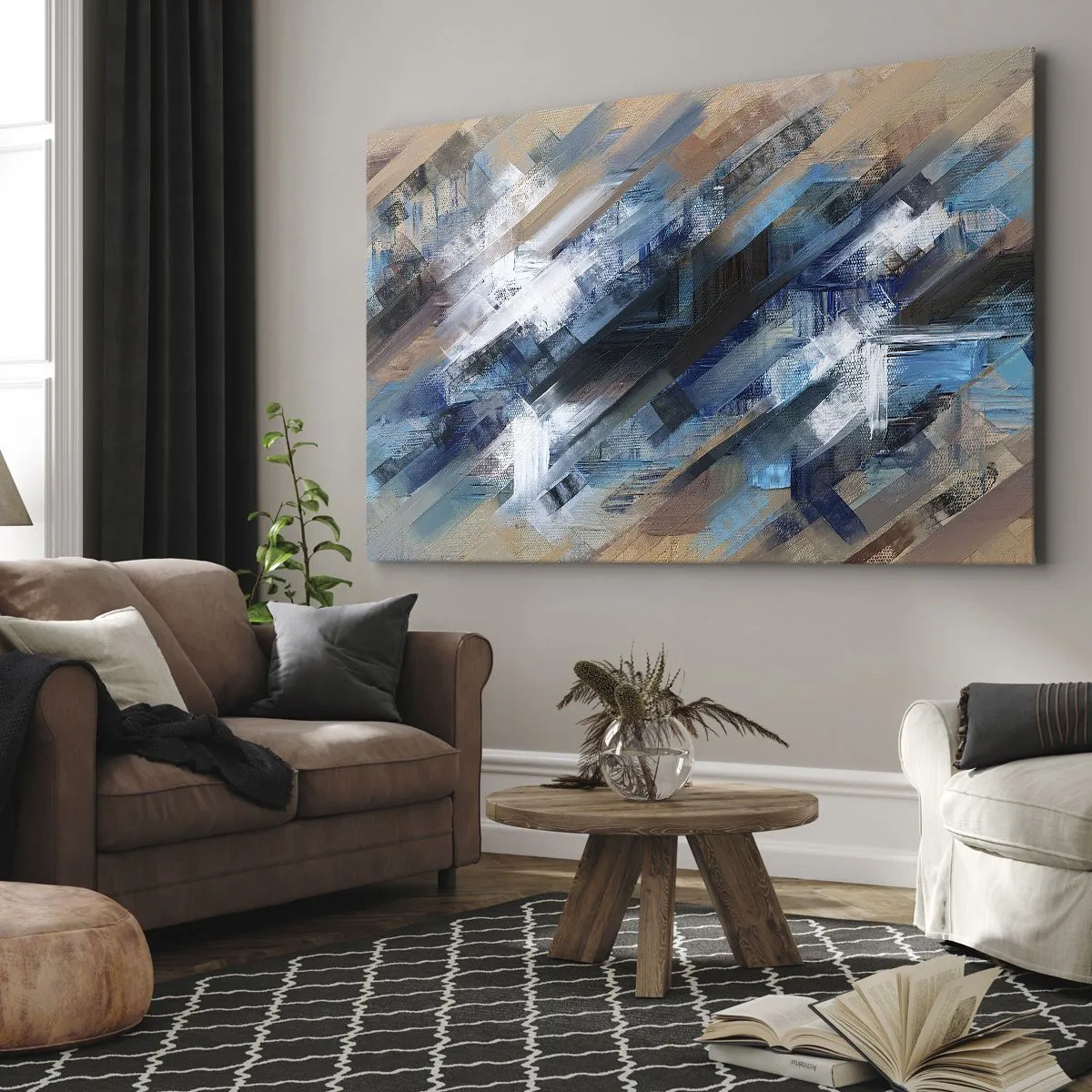 Schilderen op canvas - Abstracte compositie met blauwe diagonale lijnen - 70x50cm - Op een blauwe diagonaal - Moderne wanddecoratie voor woonkamer en slaapkamer ARTTOR