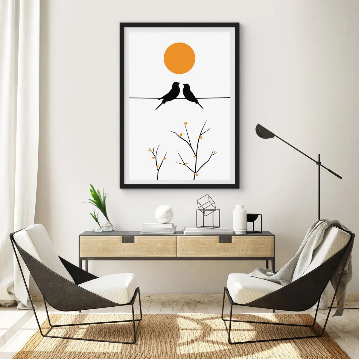 Poster in een zwarte lijst - Twee vogels op een tak met een oranje zon op de achtergrond - 50x70cm - Nachtegalen avond - Moderne wanddecoratie voor woonkamer en slaapkamer ARTTOR