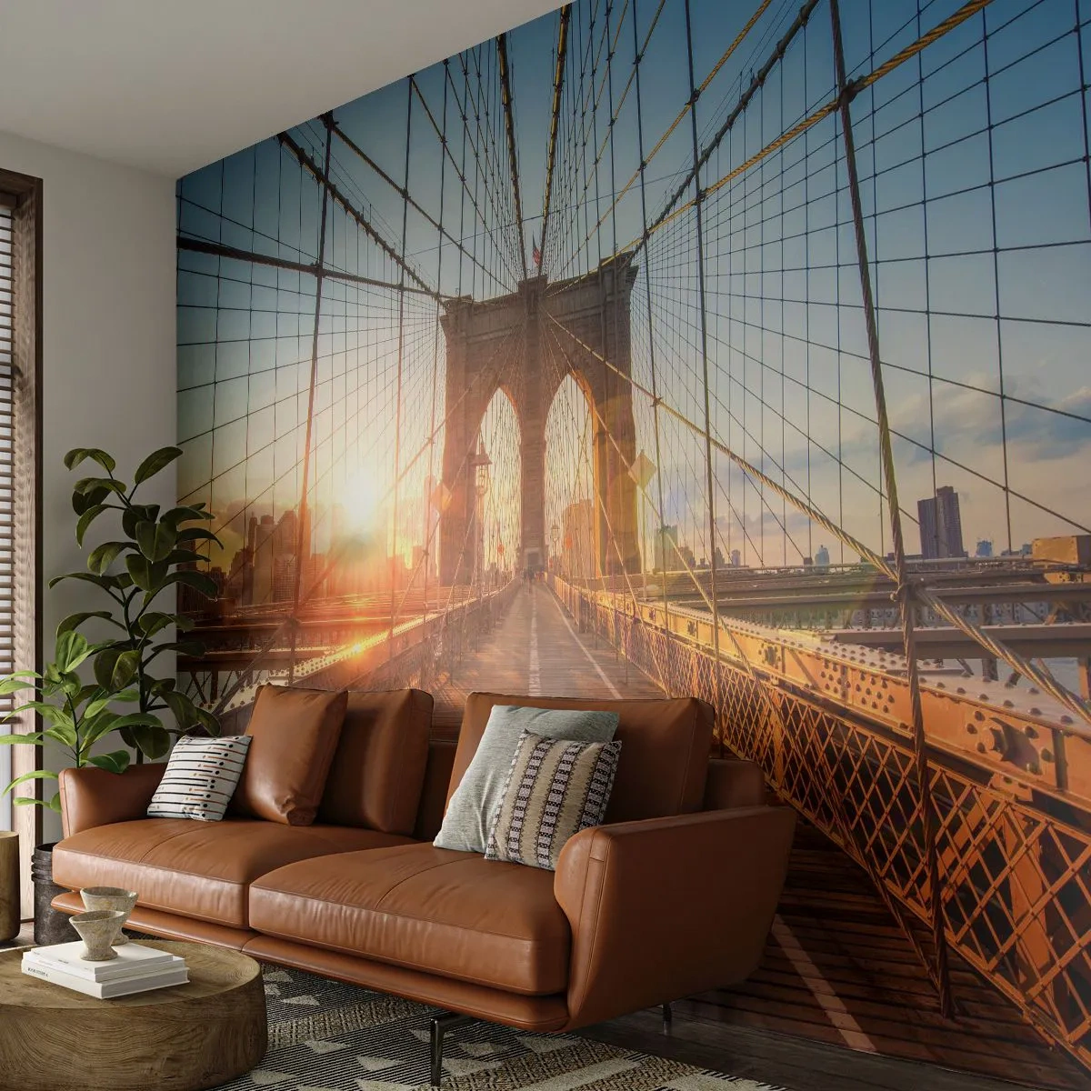 Zelfklevend Fotobehang Deluxe Sticker - Op de gouden brug - New York, Brooklyn Bridge, Architectuur - 250x175 cm
