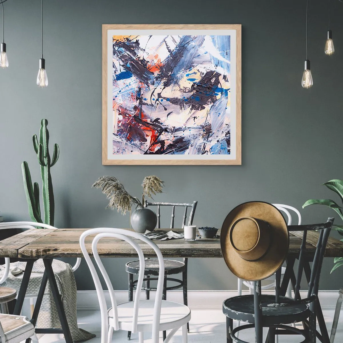 Een poster in een licht eiken lijst - Gekke dans van abstractie - 40x40 cm