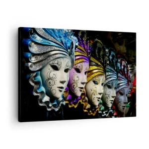 Schilderen op canvas - Venetiaanse maskers in verschillende kleuren met decoratieve patronen - 70x50cm - Mysterie in goud en zilver - Moderne wanddecoratie voor woonkamer en slaapkamer ARTTOR