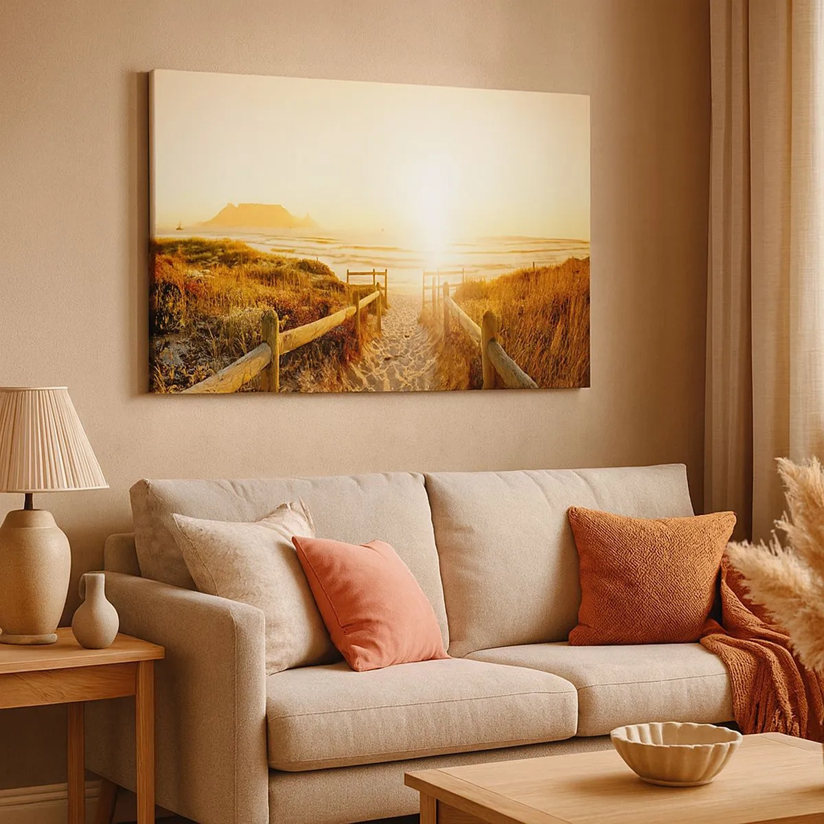 Schilderen op canvas - Pad naar het strand tijdens een gouden zonsondergang - 70x50cm - Over het duin, richting de zon - Moderne wanddecoratie voor woonkamer en slaapkamer ARTTOR