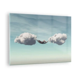 Schilderen op glas - Wolkenhangmatten in een blauwe lucht - 70x50cm - Het geluk van het moment - Moderne wanddecoratie voor woonkamer en slaapkamer ARTTOR