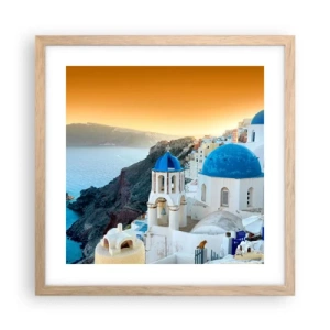 Een poster in een licht eiken lijst - Santorini - genesteld tegen de rotsen - 40x40 cm