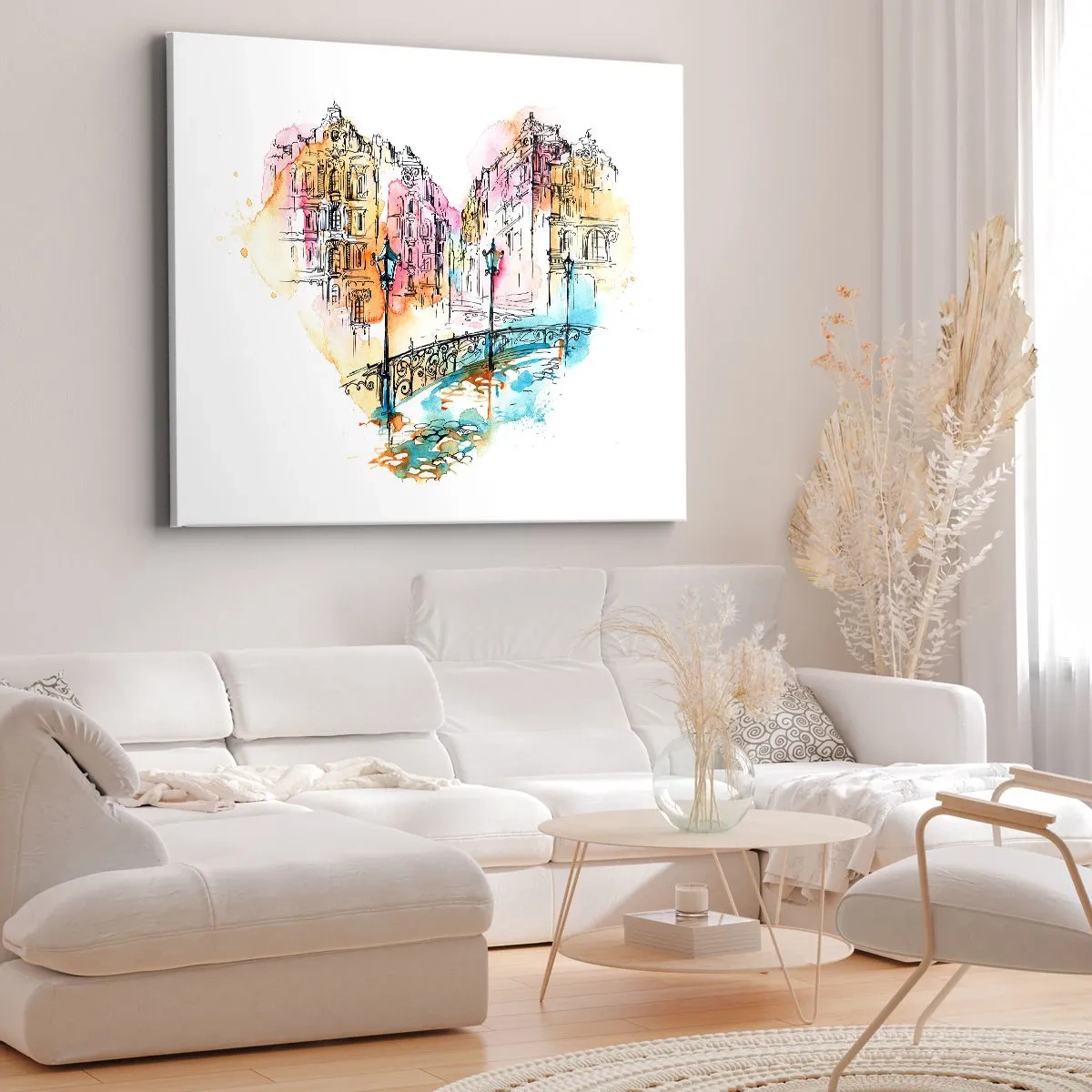 Schilderen op canvas - Aquarel van een brug en hartvormige huurkazernes - 70x50cm - Het hart van de stad - Moderne wanddecoratie voor woonkamer en slaapkamer ARTTOR
