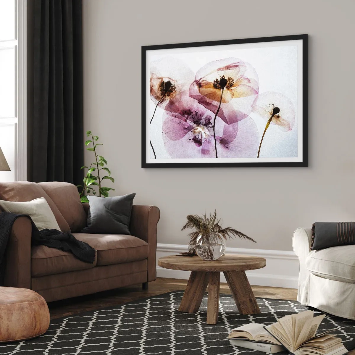 Poster in een zwarte lijst - Transparante lichaamsbloemen - 70x50 cm