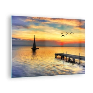 Schilderen op glas - Zeilboot en pier bij zonsondergang op een kalm meer - 70x50cm - De avonden keren terug - Moderne wanddecoratie voor woonkamer en slaapkamer ARTTOR