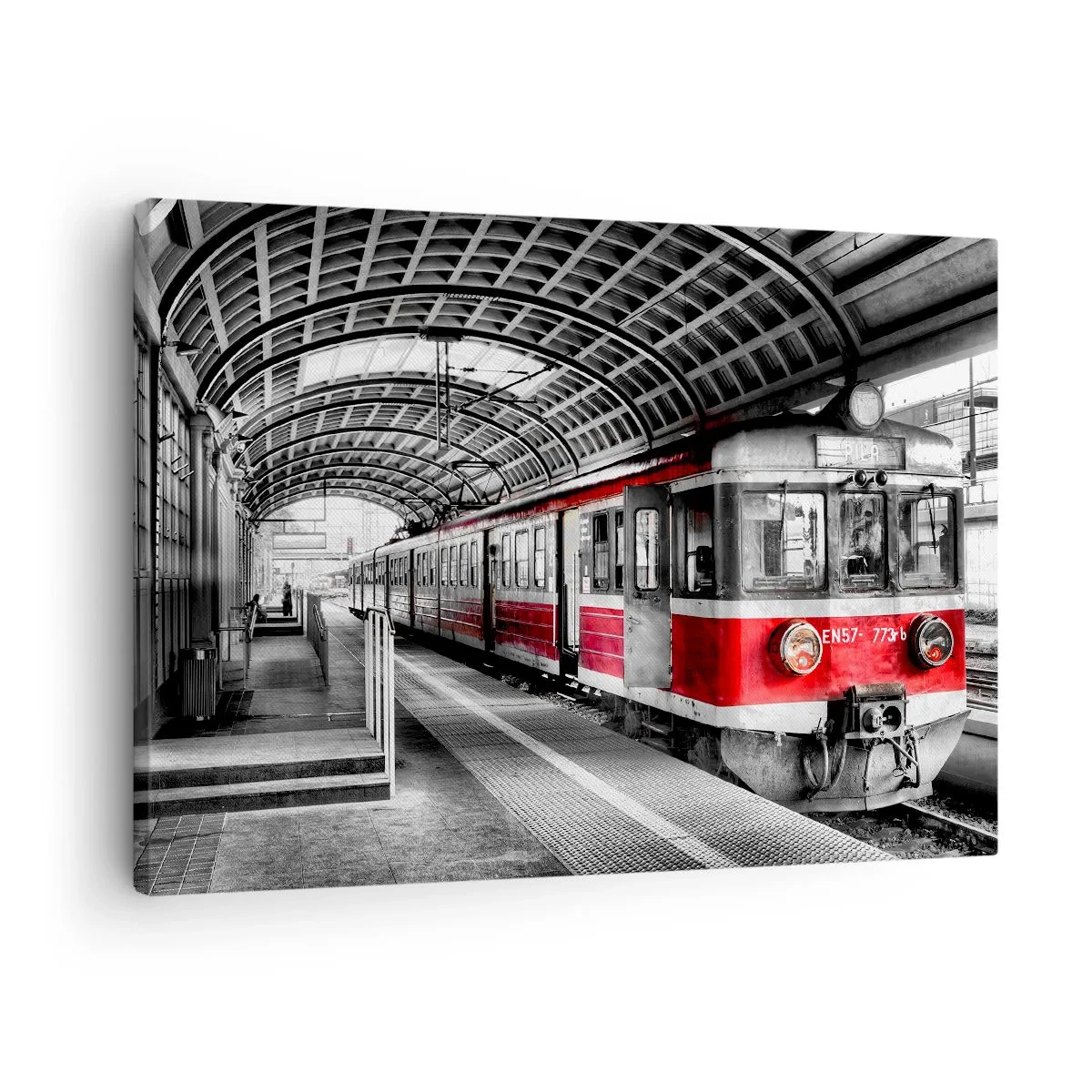 Schilderen op canvas - Rode trein op het station onder een dak - 70x50cm - Misschien is het een reis van je leven? - Moderne wanddecoratie voor woonkamer en slaapkamer ARTTOR