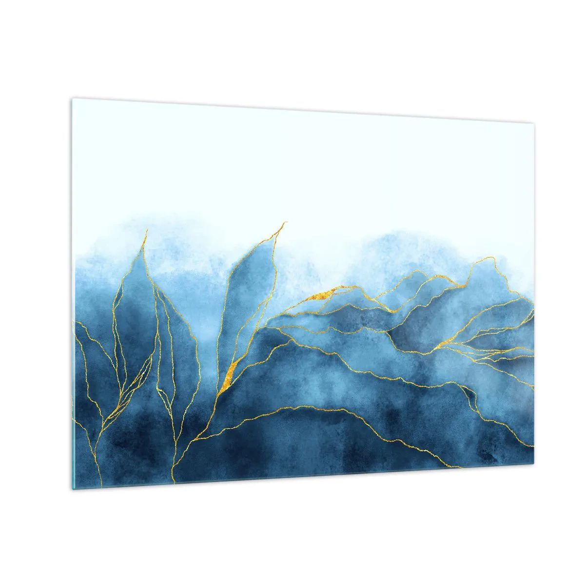 Schilderen op glas - Abstracte blauwe vormen met delicate gouden lijnen. - 70x50cm - Blauw in goud - Moderne wanddecoratie voor woonkamer en slaapkamer ARTTOR
