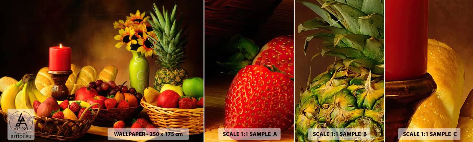 Fotobehang Staaltje Standard Eco - Stilleven met brood en fruit - Gastronomie, Bloemen, Fruit - 100x30 cm