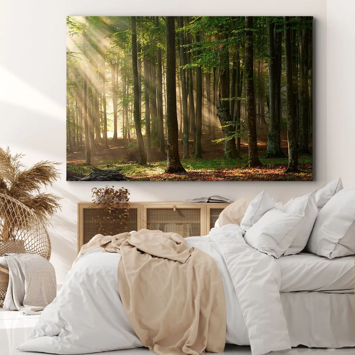 Schilderen op canvas - Zonnestralen die door de bomen in het bos heen dringen - 70x50cm - Stralend op een lentemorgen - Moderne wanddecoratie voor woonkamer en slaapkamer ARTTOR